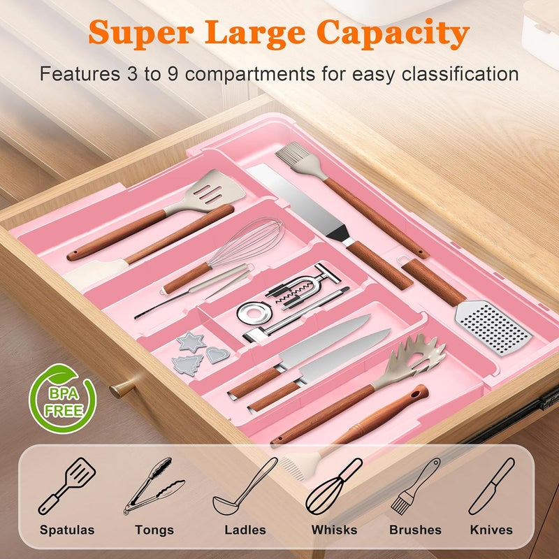Spaclear Large Utensil Drawer Organizer Expandable Silverware Organizer for Kitchen Drawer Adjustable Cooking Utensil Holder Cutlery Flatware Tray Spatula Tools Gadgets Storage Dividers Plastic Pink - Image 2